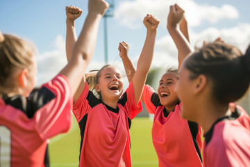 Group of young teenage female soccer players celebrating victory	