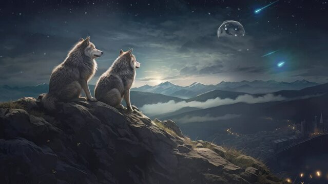 Under the Night Sky: Two Wolves Roaming Hills Amid Shooting Stars
