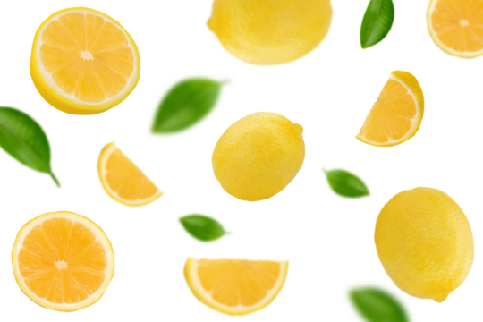 Flying Lemon with green leaf on transparent background