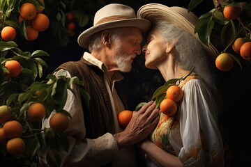 Elderly couple with oranges on a dark background. Tangerines in the garden. Generative AI