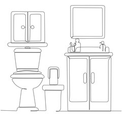 Continuous one line drawing of washbasin cabinet with toilet bowl and hand dryer vector illustration. WC black outline sketch. Public restroom interior isolated on white background.