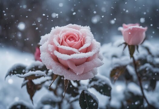 roses snowcovered fell pink cold season garden rose background winter snow Late first temperature space weather flowers snow copy Frozen autumn Winter early snowfall