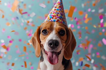 close up happy beagle dog with party hat and confetti   for birthday. Banner, anniversary or holiday