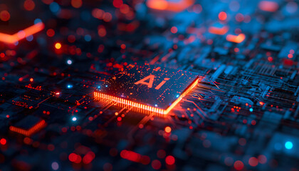 AI as the brain of digital realms, AI-powered circuits and AI data encryption in a tech ecosystem.