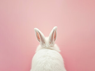 Cute white rabbit on pink background. Space for text. 