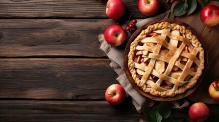Homemade apple pie on wooden background. Top view with copy space Generative AI