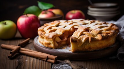 Homemade apple pie on a wooden background. Selective focus. Generative AI