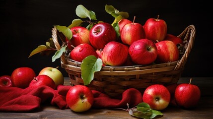 Naklejka na ściany i meble Basket with fresh red apples on wooden table. Dark background. Generative AI