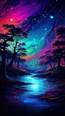 Cosmic Arboreal Landscape with Bioluminescent Glow in Synthwave Style Generative AI