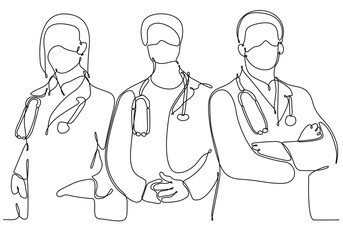 One continuous single line drawing group of young male and female doctors posing standing together holding medical reports. Teamwork medical concept draw single line design vector illustration