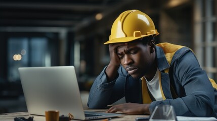 Tired african-american male engineer in hardhat working with laptop while sitting at the table in office Generative AI