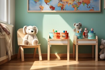 A sunlit children's room features a light green wall adorned with a world map, creating an educational and playful atmosphere, with the addition of stuffed animals adding a touch of coziness.