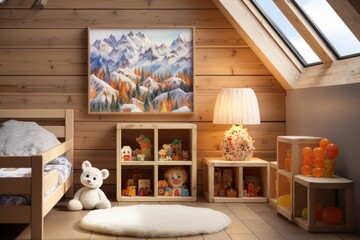 The interior of a children's room boasts a skylight that bathes the space in natural light, featuring wood walls and furniture, along with a whimsical touch from a stuffed animal.