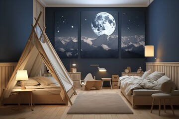 The children's room interior is adorned with a moon painting on the wall, a tent, and wood furniture, creating a magical and imaginative space for young ones.