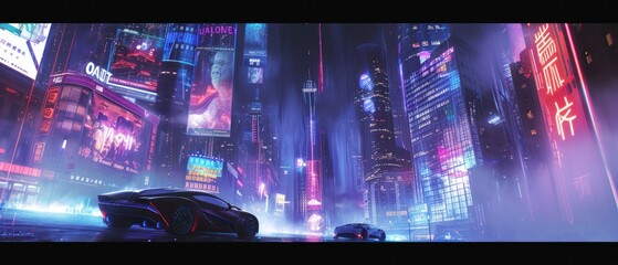 nighttime in a cyberpunk city, vibrant neon lights.