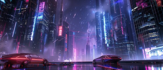 Fototapeta na wymiar nighttime in a cyberpunk city, vibrant neon lights.