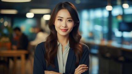 Portrait of young asian businesswoman smiling in the office. Generative AI