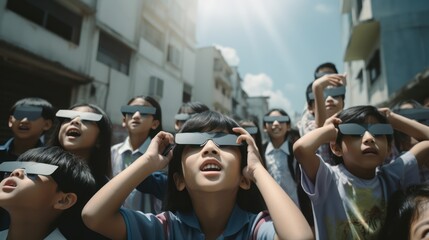 Asian Kids Observing Solar Eclipse with Solar Lens Glasses AI Generated - obrazy, fototapety, plakaty