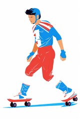 Asian Young Male on Roller Skates - Minimalism Flat Illustration AI Generated