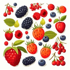 Assorted Berries and Drupes in Simple Flat Illustration AI Generated