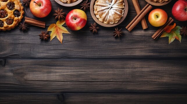 Autumn background with apple pie, apples and spices on rustic wooden table Generative AI