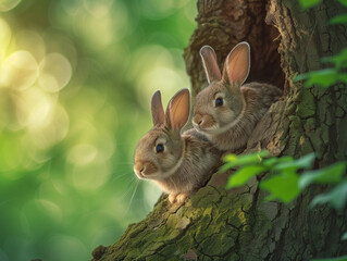 Naklejka na ściany i meble Two cute bunnies sitting on a tree trunk with bokeh background