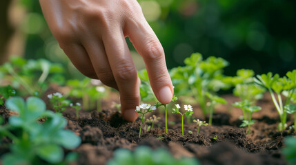 Naklejka na ściany i meble close-up hand planting seedlings in the ground.