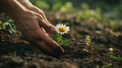 Close up of a hand planting a daisy flower in the ground