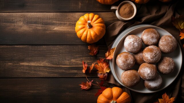 Homemade cookies with sugar powder and pumpkins on dark wooden background Generative AI