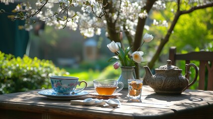Serene Tea Setting with Fresh Blossoms in Garden