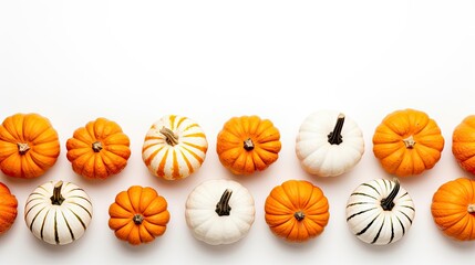 Autumn composition. Pumpkins on white background. Flat lay, top view, copy space Generative AI