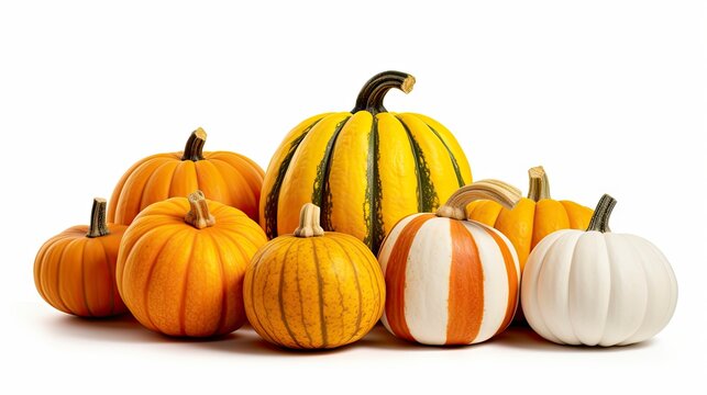 Autumn pumpkins collection isolated on white background. 3D illustration. Generative AI