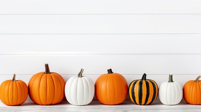 3d render of white and orange pumpkins on white wooden background Generative AI