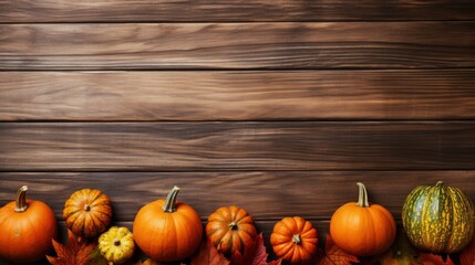 Autumn background with pumpkins and leaves on wooden planks. Generative AI