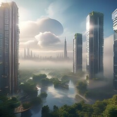 Floating city in the clouds, skyscrapers above the mist, utopian futuristic illustration1 - obrazy, fototapety, plakaty