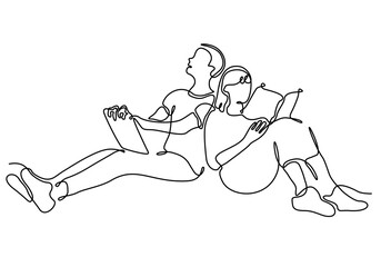continuous line of man and woman sitting supine and reading book vector illustration