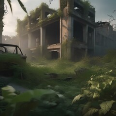 Apocalyptic wasteland, ruins of a city with overgrown vegetation, post-apocalyptic scene3