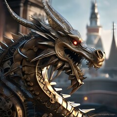 Fototapeta na wymiar Mechanical dragon, made of gears and metallic scales, breathing steam, fantasy illustration5