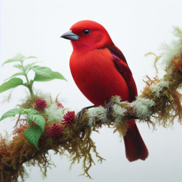 Crimson backed Tanager perched, Tangara con respaldo carmes&iacute;, high quality portrait, isolated white background.
