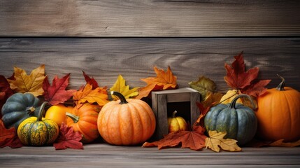 Autumn still life with pumpkins and fall leaves on wooden background Generative AI