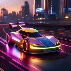 Naklejka premium Futuristic hovercar race, high-speed vehicles in a neon-lit urban circuit, sci-fi illustration1