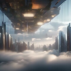 Floating city in the clouds, skyscrapers above the mist, utopian futuristic illustration4 - obrazy, fototapety, plakaty