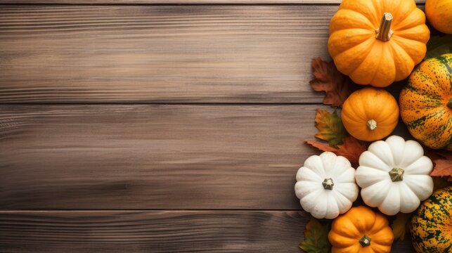 Autumn background with pumpkins, leaves and space for text. Generative AI
