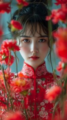 A graceful Chinese girl in a distinctive style with short hair. Portrait of Chinese girl in natural elegance of unique beauty and aura of authenticity in her appearance.