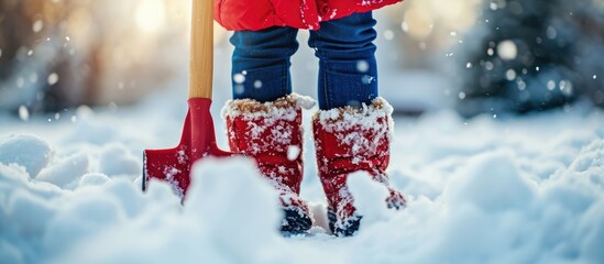 Child playing in the snow with winter boots, shovel, close-up.