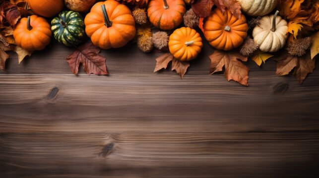 Autumn background with pumpkins and leaves on wooden board. Space for text Generative AI