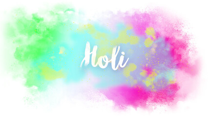 Watercolor colorful splashes with the word Holi written in lettering - 720975384