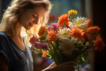 Naklejka premium Beautiful blonde girl smiles happily with a fragrant bouquet of spring flowers.