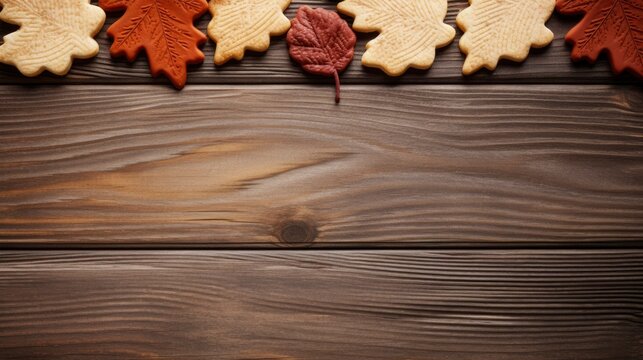 Autumn leaves and gingerbread cookies on wooden background, copy space Generative AI