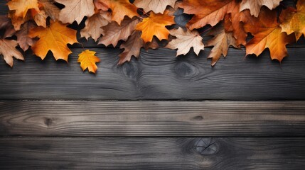 Naklejka na ściany i meble Autumn leaves on wooden background. Top view with copy space. Generative AI